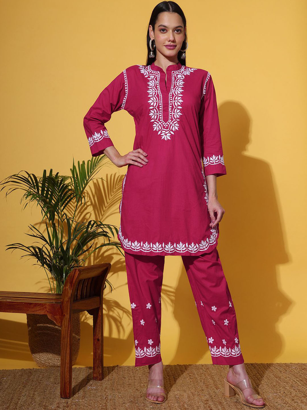 The Chikan Label Rumi Embroidered Chikankari Organic Cotton Tunic With Trousers