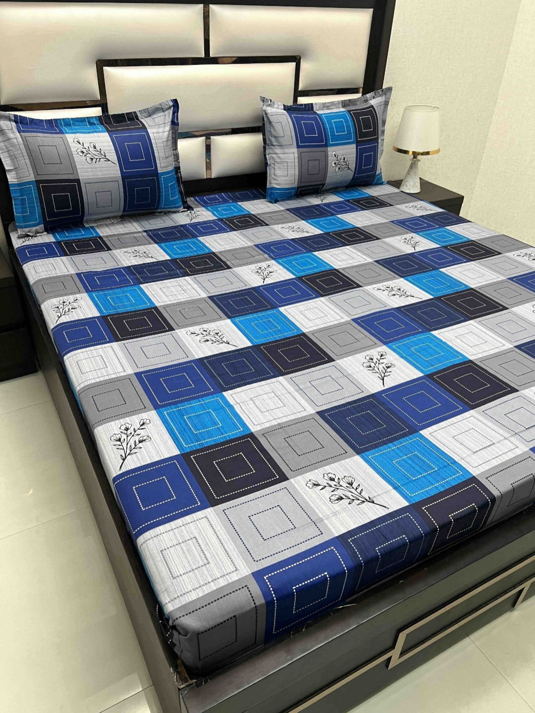 Pure Decor Passion Fur Blue Geometric Pure Cotton 250 TC Queen Fine Bedsheet with 2 Pillow Covers-90 x 100 inches
