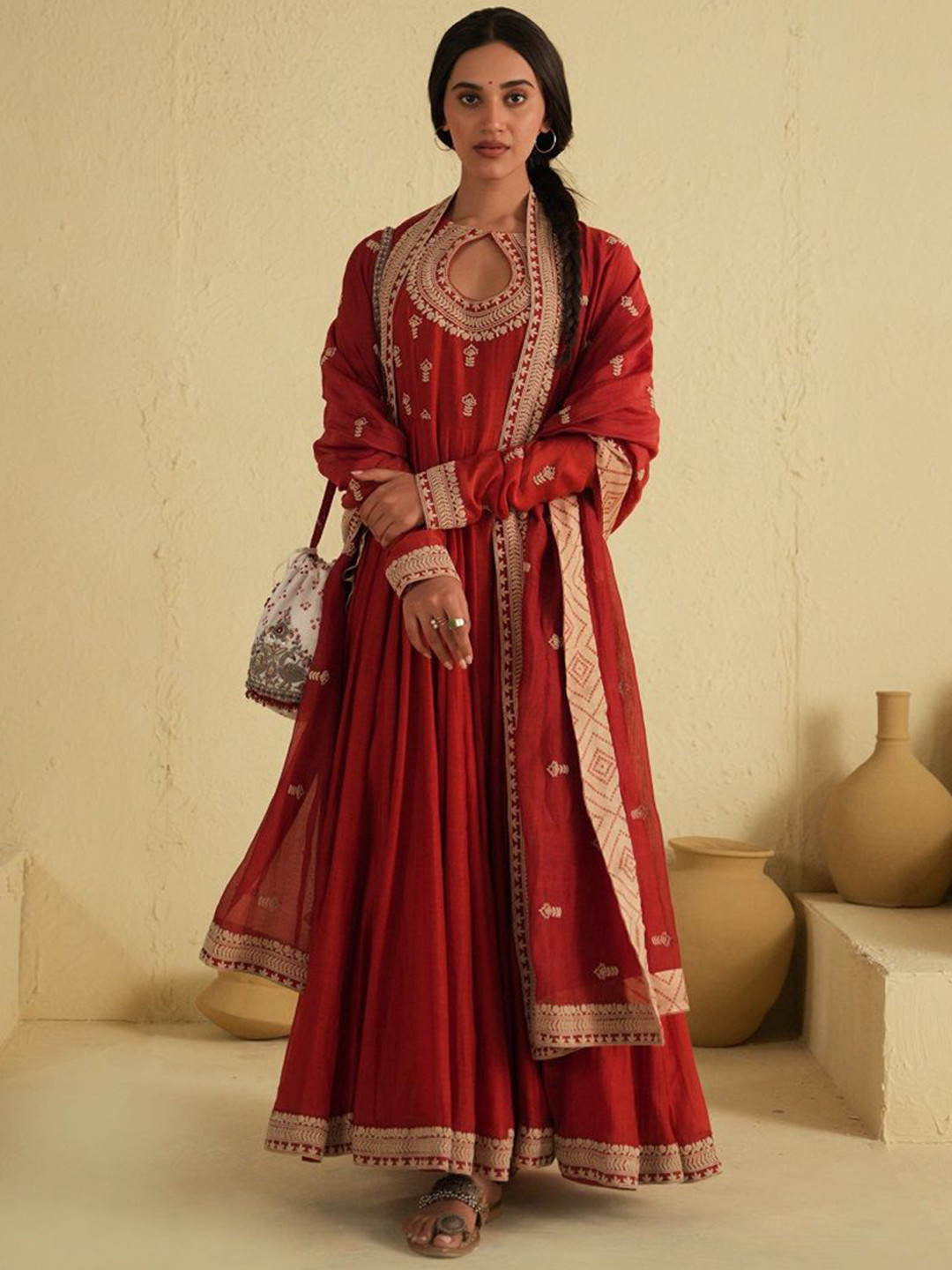 SUSHRAM Women Embroidered Angrakha Chanderi Silk Kurta with Churidar & With Dupatta