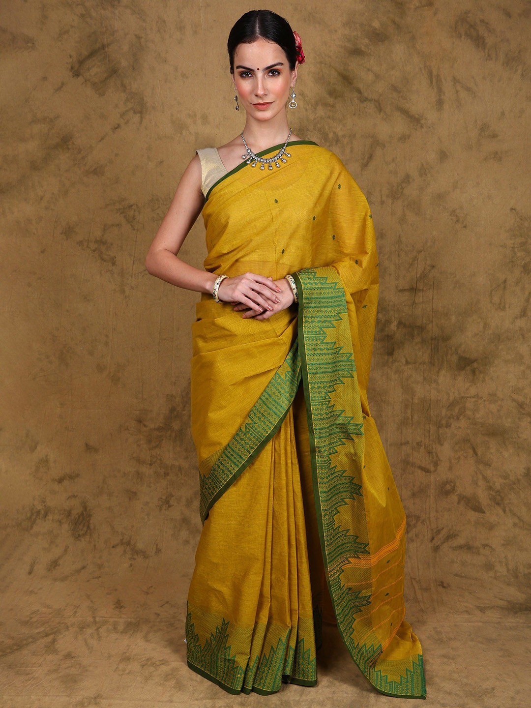 Exotic India Ceylon Yellow Chettinad Cotton Saree with Woven Temple Border
