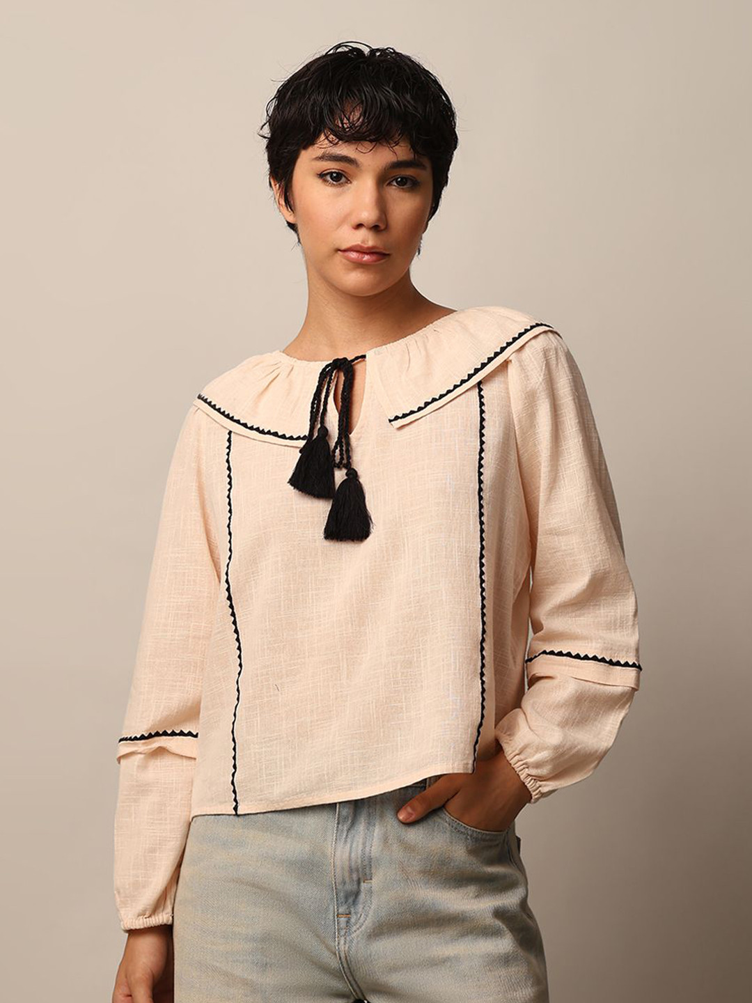 ONLY Peter Pan Collar Bohemian Cotton Shirt Style Top