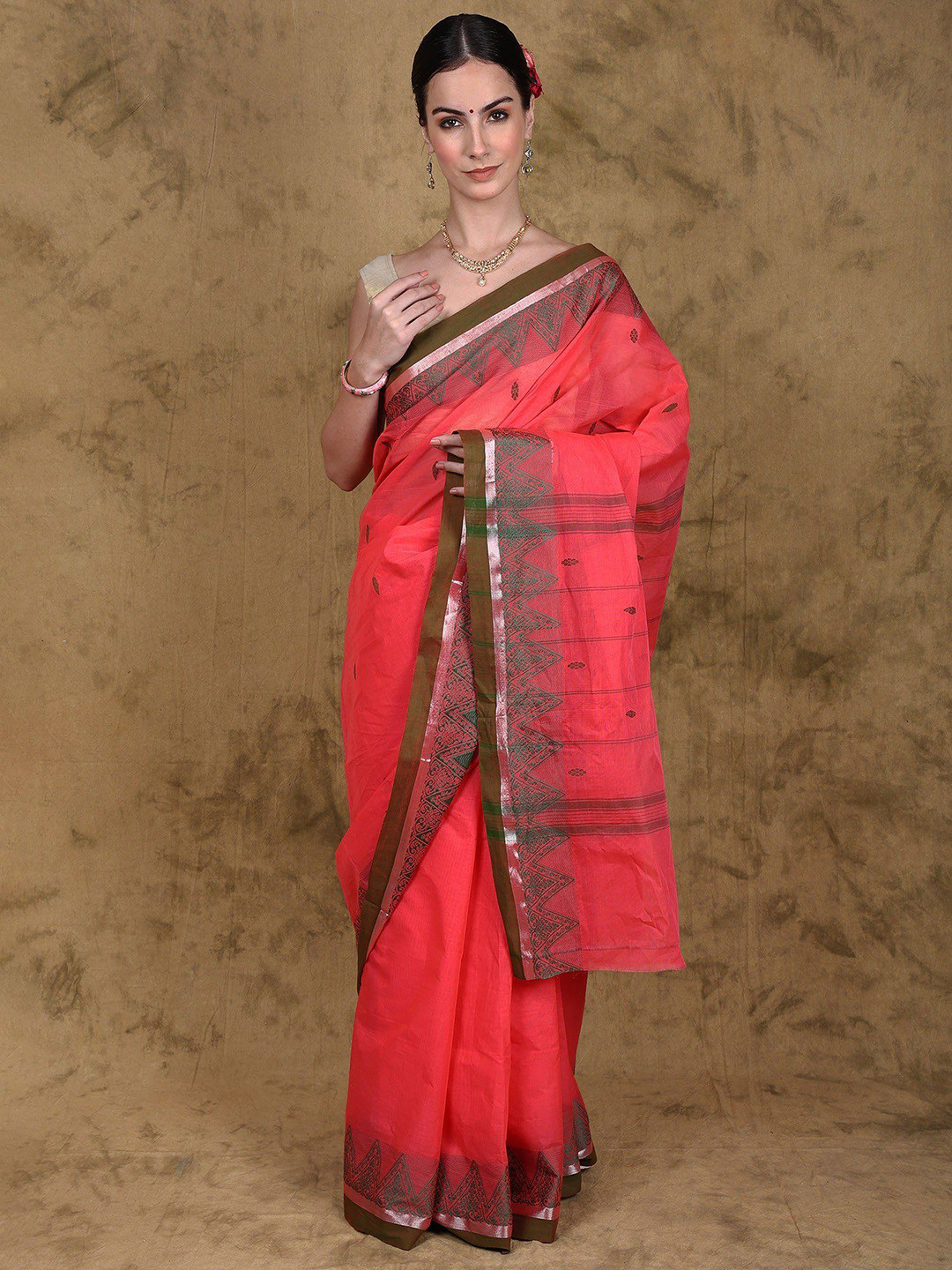 Exotic India Chettinad Cotton Saree with Floral Temple Woven Border and Striped Pallu