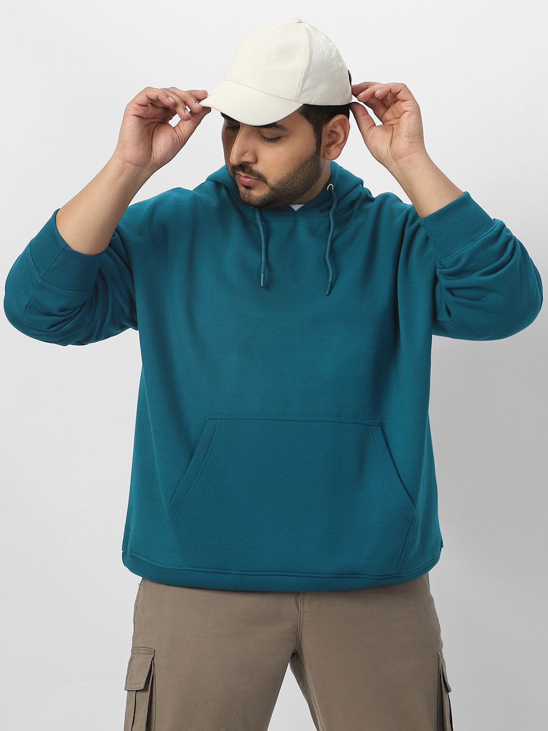 Urbano Plus Men Solid Teal Cotton Oversized Hooded Long Sleeves Pullover Sweatshirt