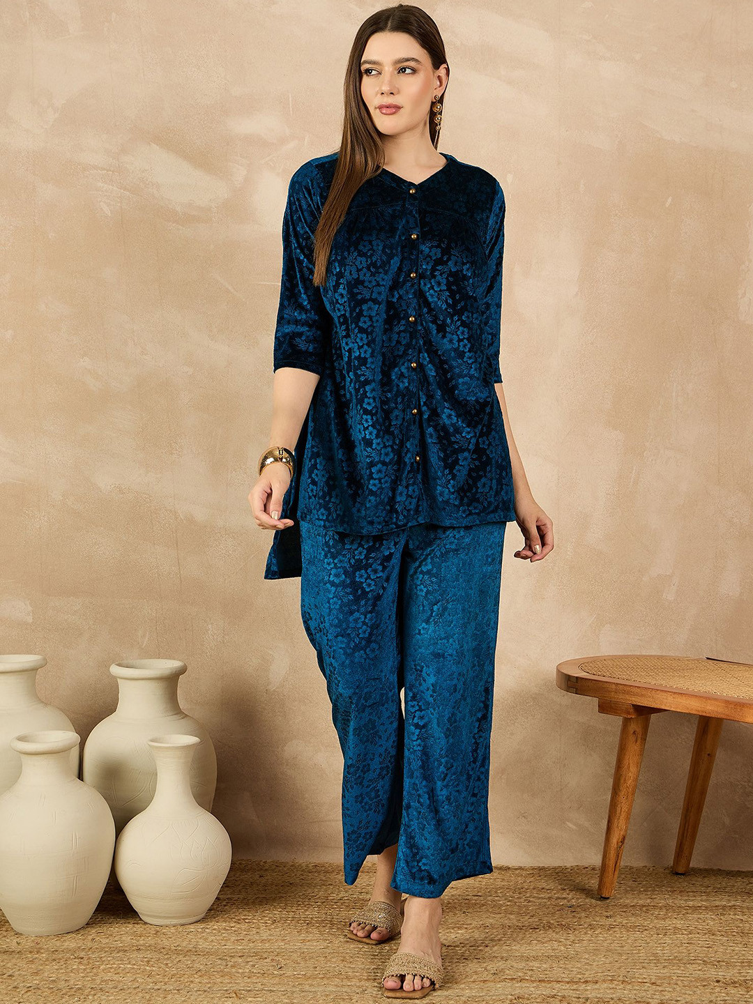 Routes by All About You Women Velvet V-Neck Self Design Buttoned Tunic with Trouser