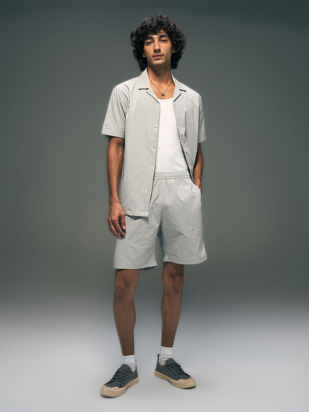 Flying Machine Textured Cuban Collar Shirt With Shorts Co-Ords