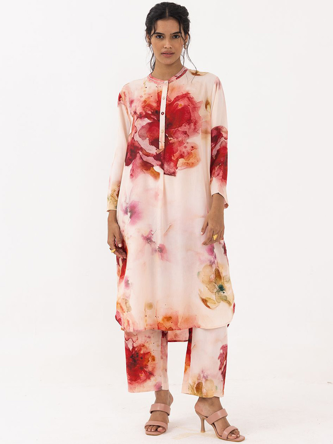 THR3Letter Floral Printed Band Collar Long Sleeves Top & Trouser