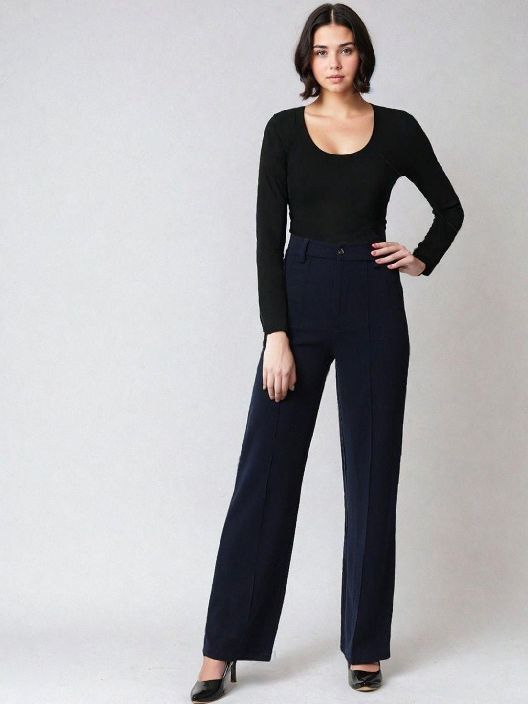 Kotty Black and Navy Blue Scoop Neck T-Shirt with Trousers