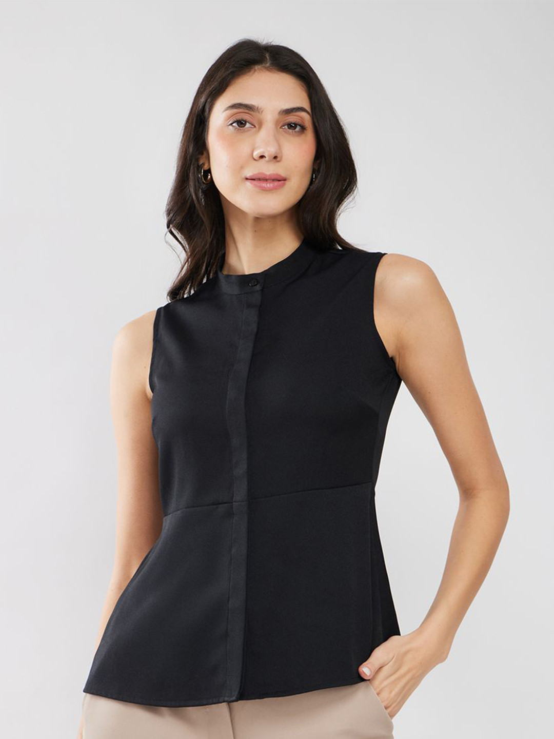 FableStreet Women Band Collar Solid Formal Shirt