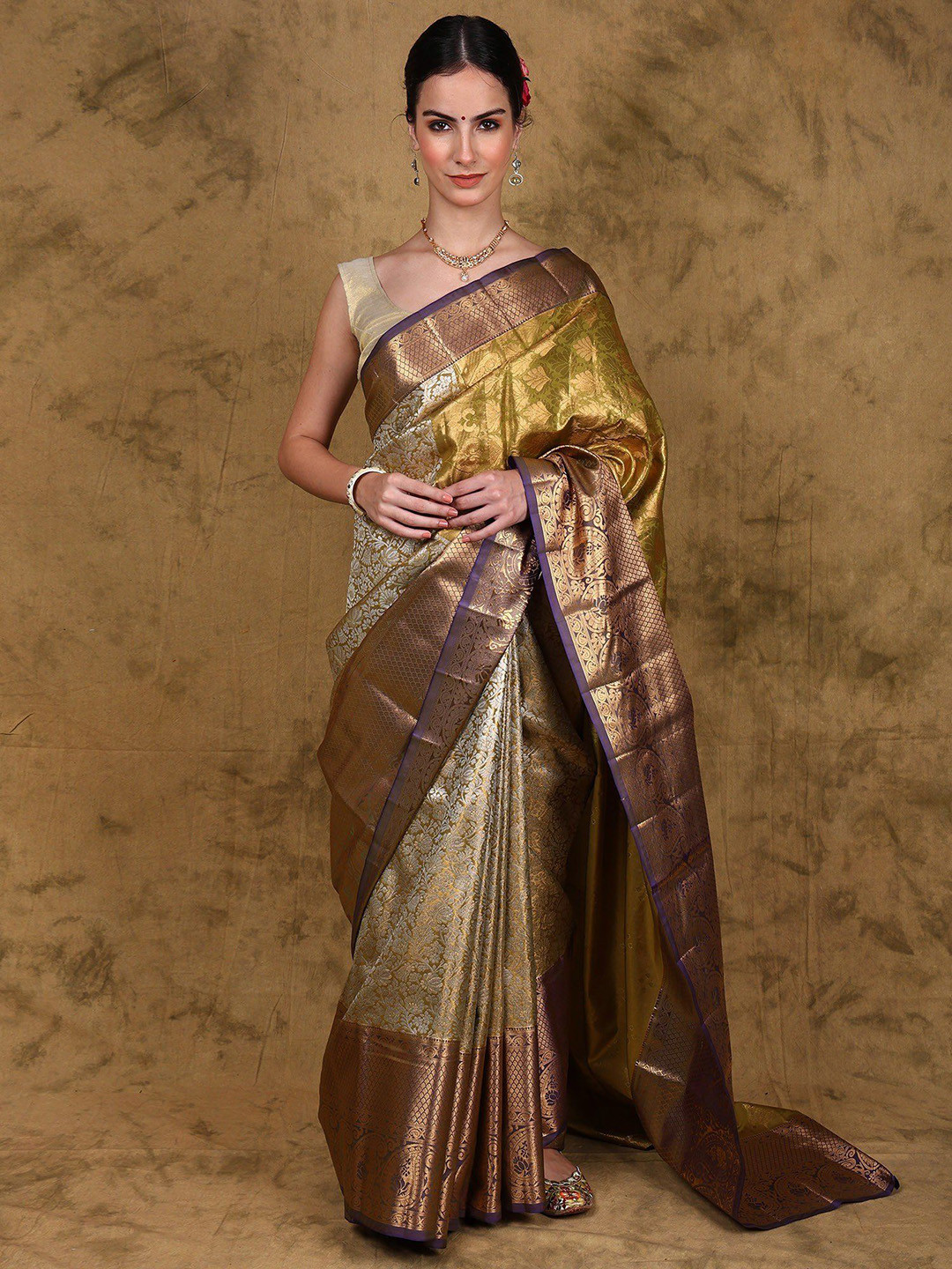 Exotic India Rich-Gold Bridal Saree from Kumbakonam with Zari Brocaded Floral Jaal
