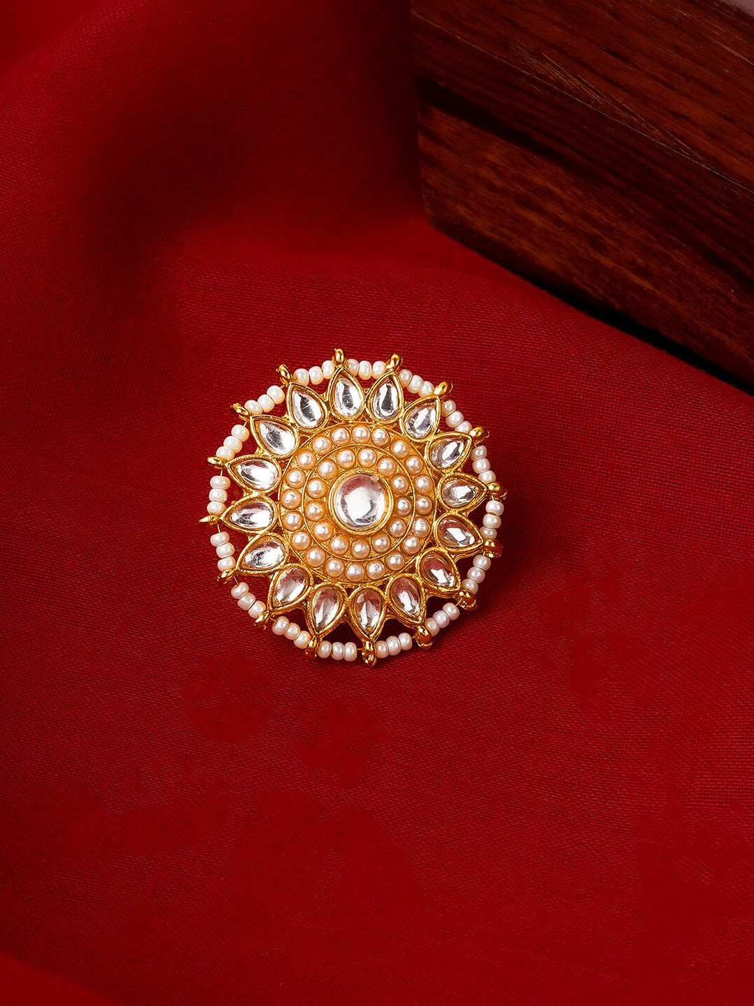 TEEJH Madan Gold-Plated Stones-Studded & Beaded Finger Ring