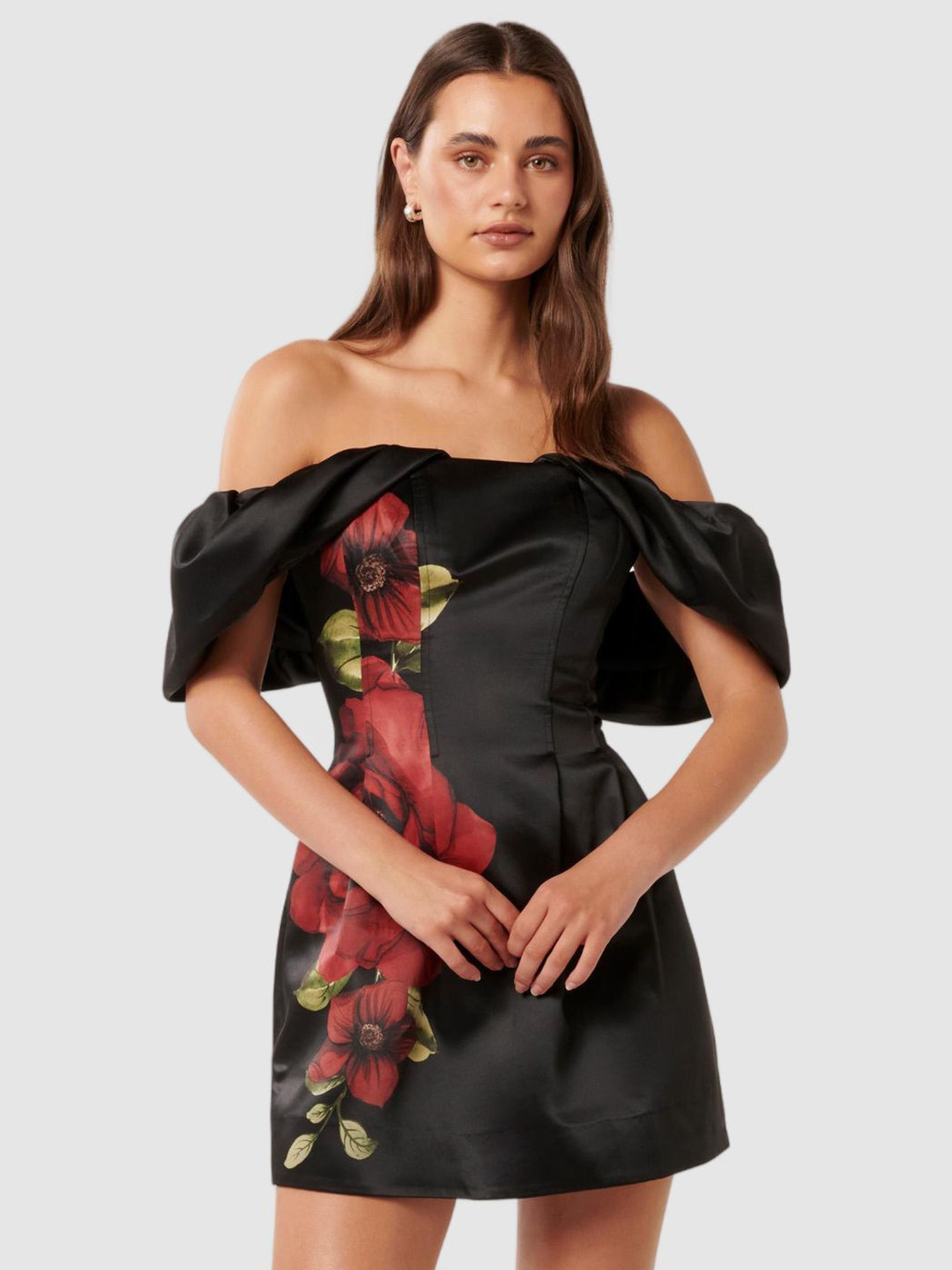Forever New Floral Print Off-Shoulder Cold-Shoulder Satin Fit & Flare Mini Dress