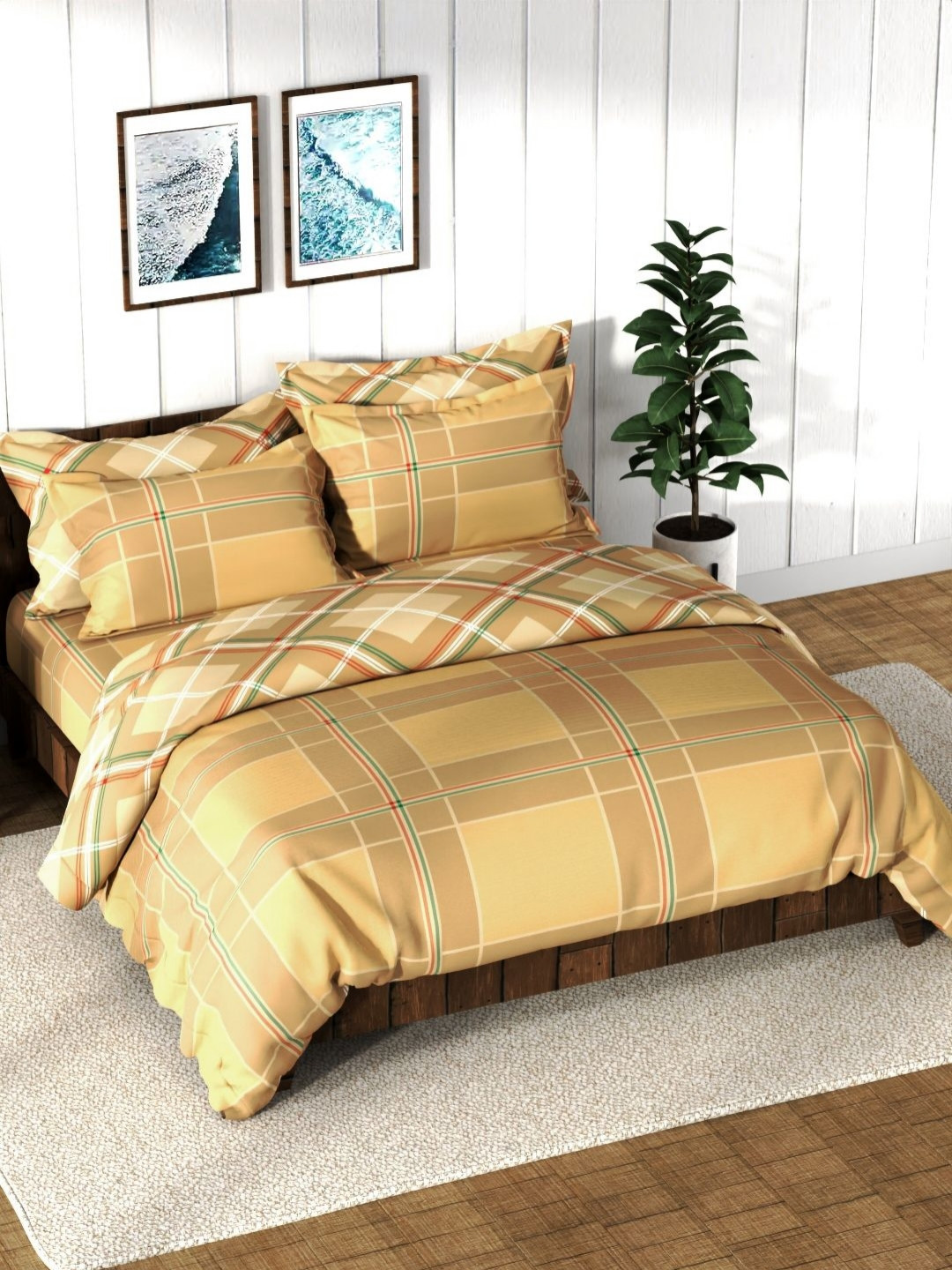 Nautica Beige & Cream-Coloured Checked Cotton 4 Piece Double Queen Regular Bedding Set