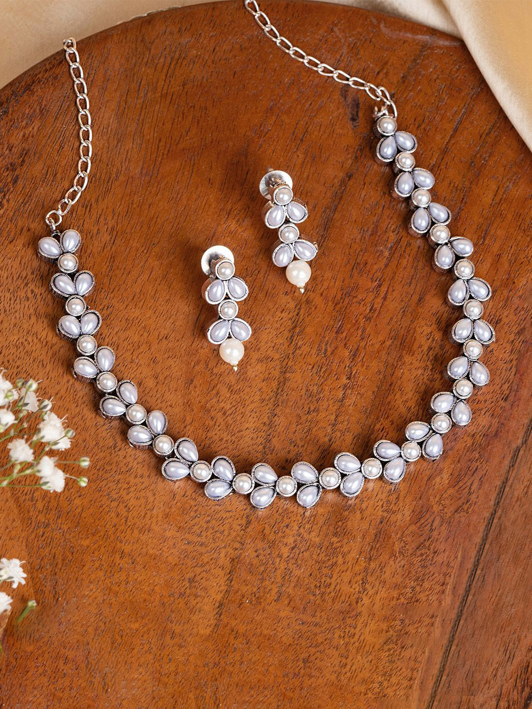 TEEJH Chaand Silver-Plated Stones-Studded & Pearl Beaded Oxidised Jewellery Set