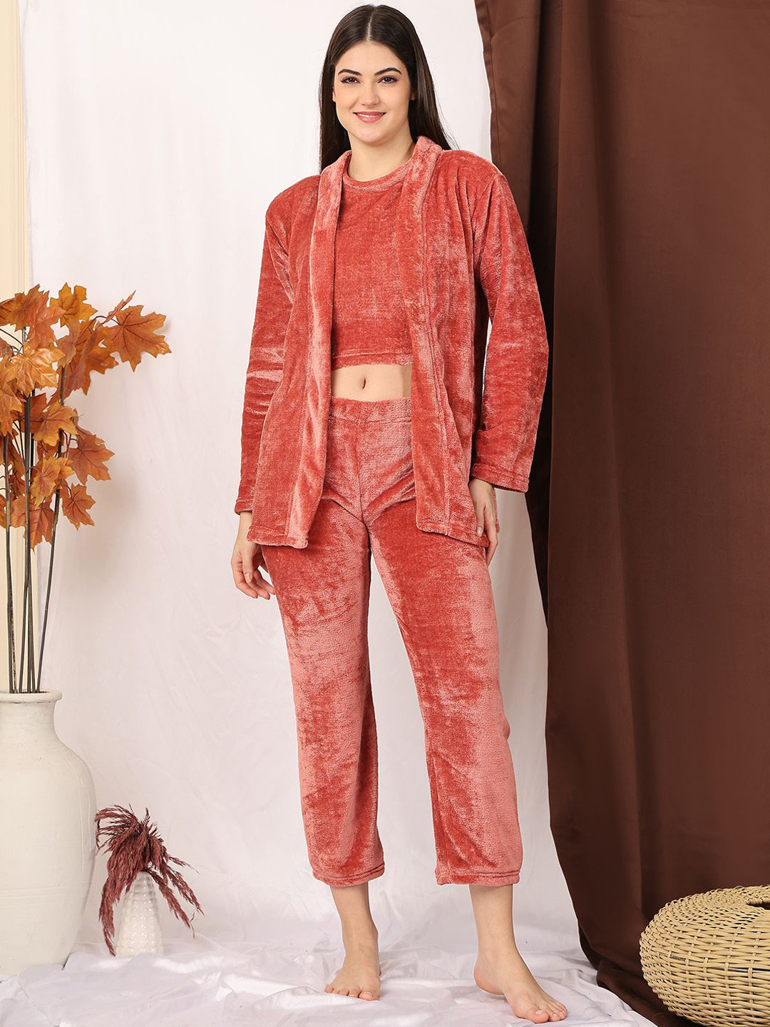 NEUDIS Women Crop Top & Shrug With Pyjamas Woolen Fur Night Suits