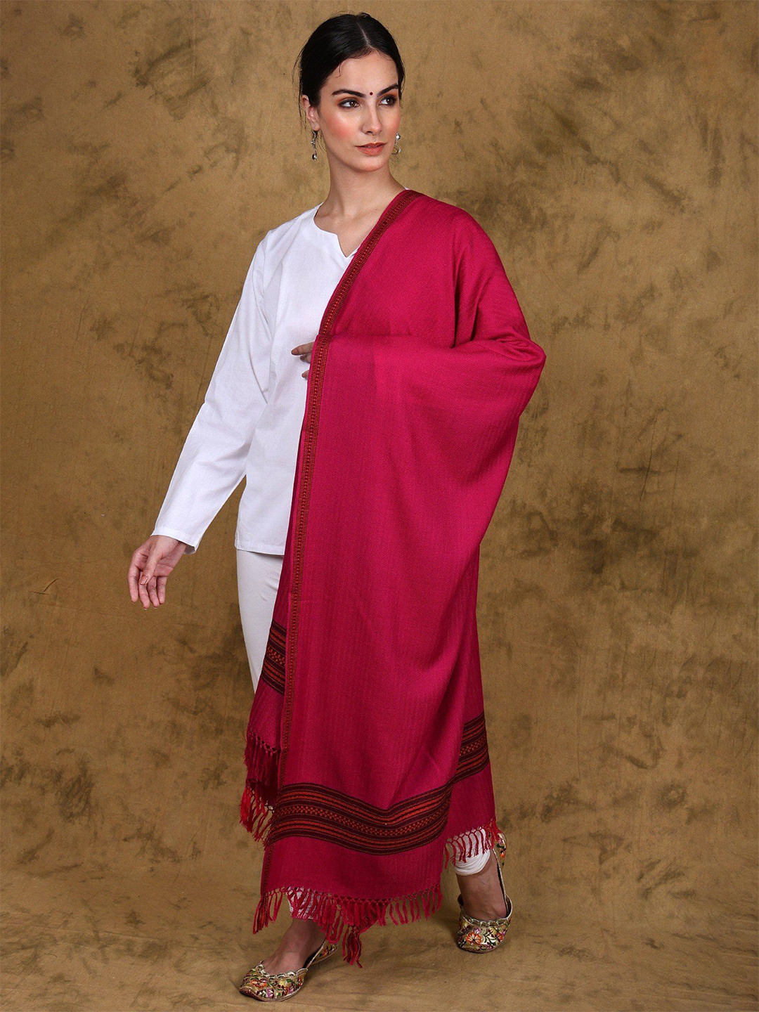 Exotic India Handloom Wool Stole with Multicolor Woven Kinnauri Border