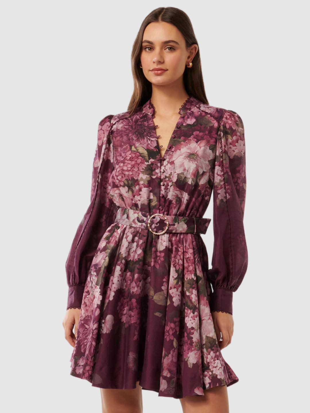 Forever New Floral Print Bishop Sleeve Formal Fit & Flare Mini Dress