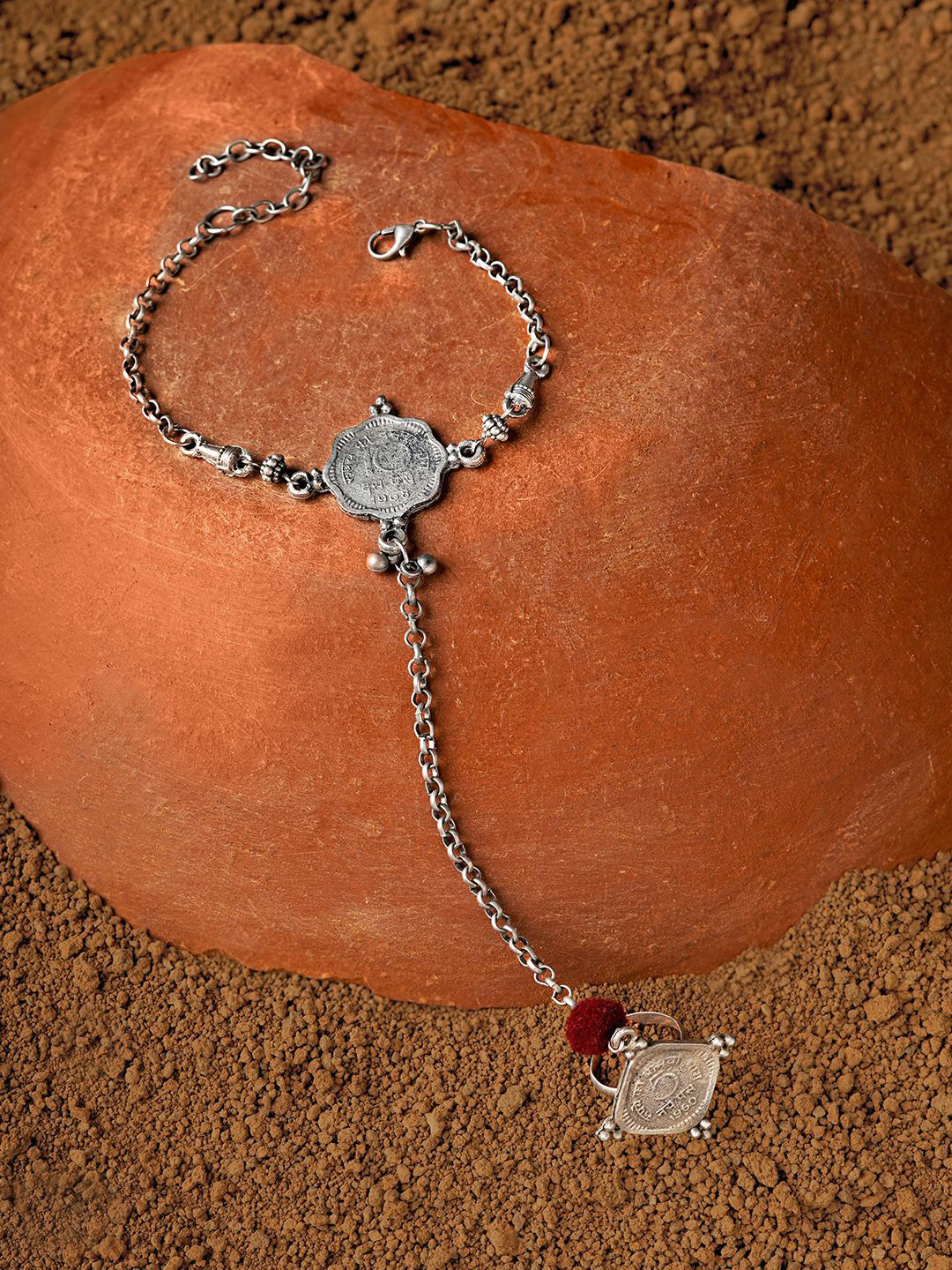 TEEJH Women Handcrafted Silver-Plated Ring Bracelet