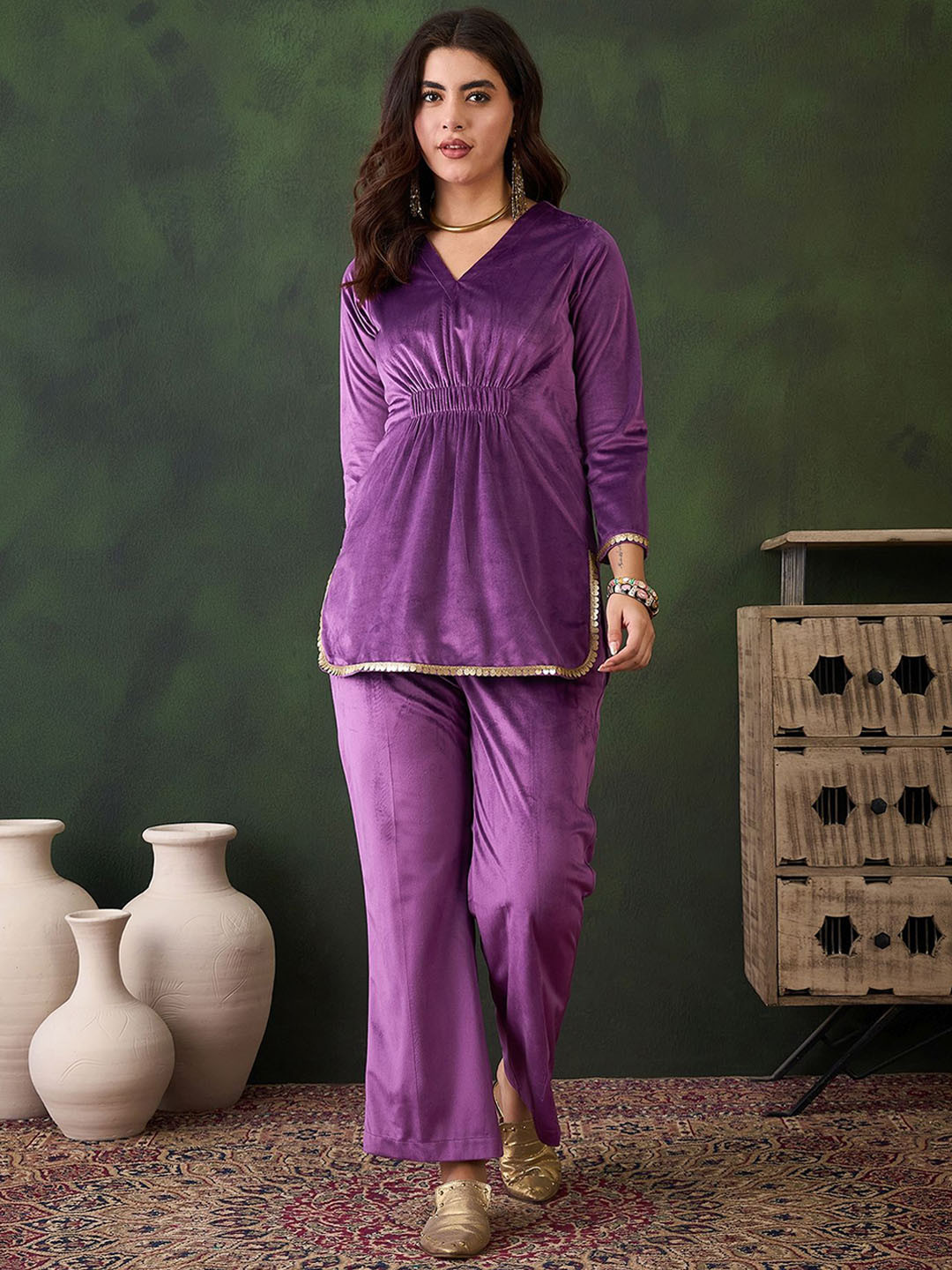 Sangria Purple V-Neck Three-Quarter Sleeves Velvet Top With Trouser