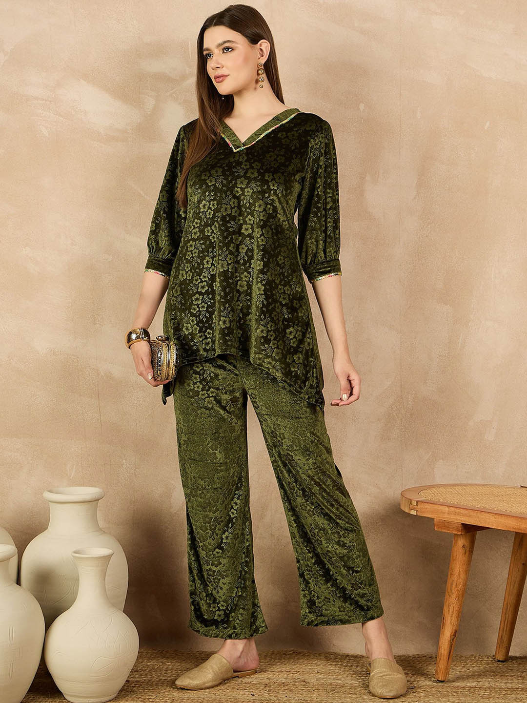 Routes by All About You Women Velvet V-Neck Self Design Sequined Tunic with Trouser