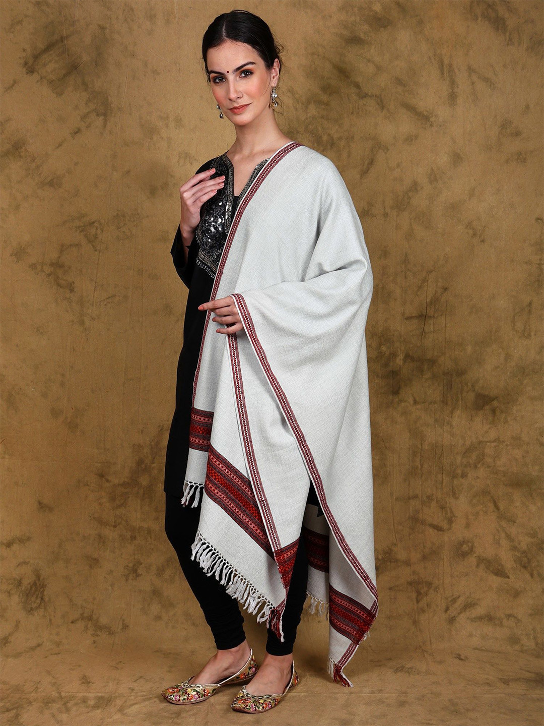 Exotic India Vaporous Gray Wool Stole with Multicolor Kinnauri Border