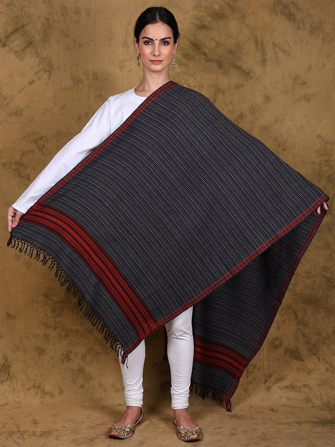 Exotic India Wool Stole with Woven Kinnauri Border and Stripe Pattern