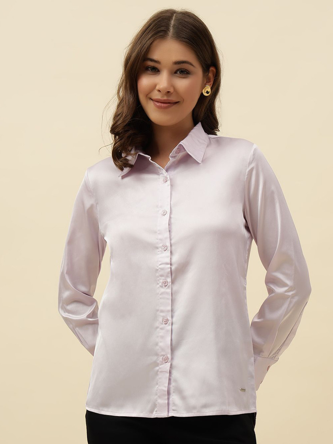Beatnik Women Classic Spread Collar Solid Satin Casual Shirt