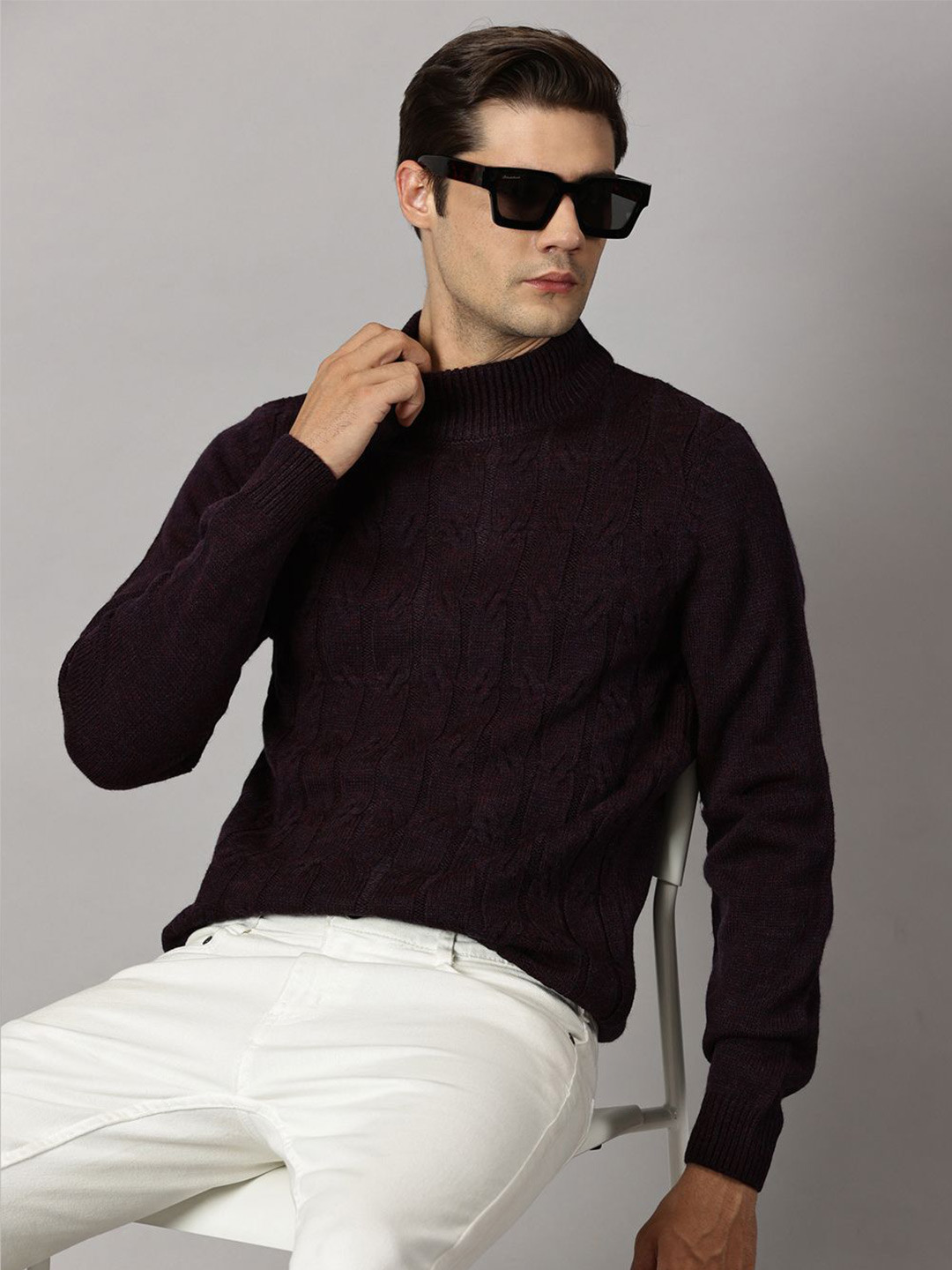 BLACK BUCK Cable Knit Solid High Neck Sweater