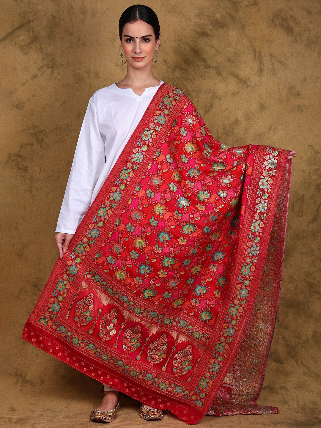 Exotic India Art Silk Dupatta with Zari Woven Hibiscus Floral Jaal
