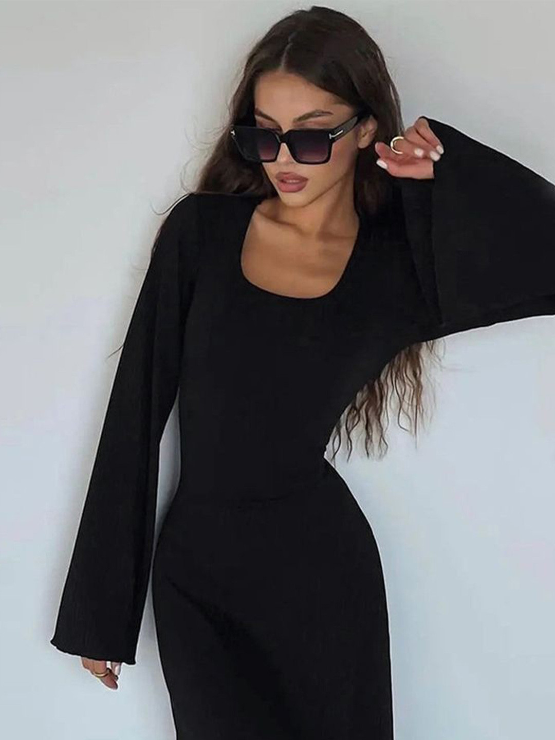 LULU & SKY Women Striped Square Neck Long Sleeve Maxi Dress