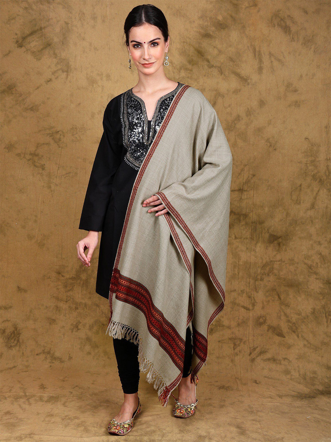 Exotic India Silver Gray Wool Stole with Multicolor Kinnauri Border