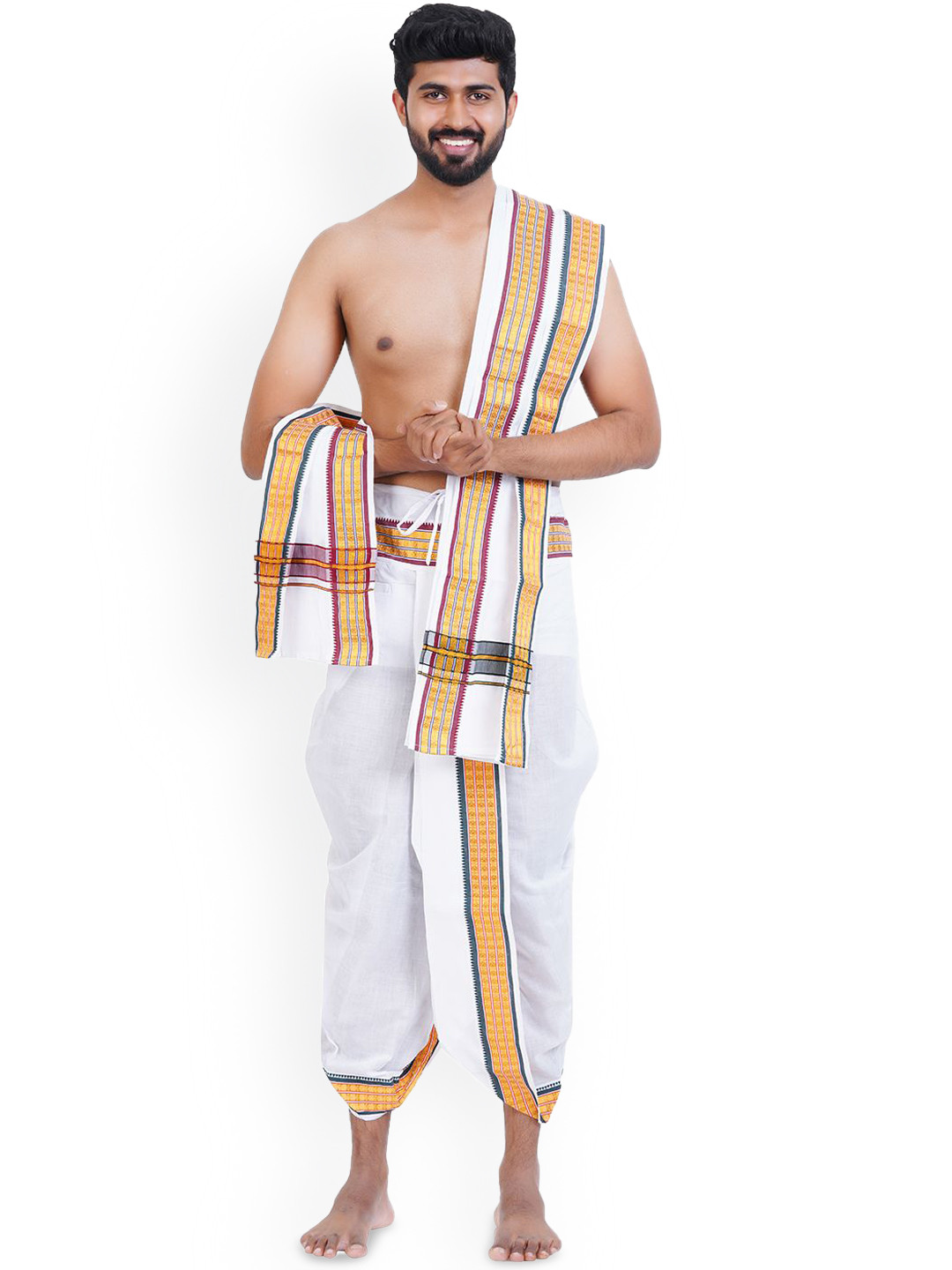 Ethazh Mens Cotton Uthratchai Border Design Solid White Panchakacham with Angavasthiram