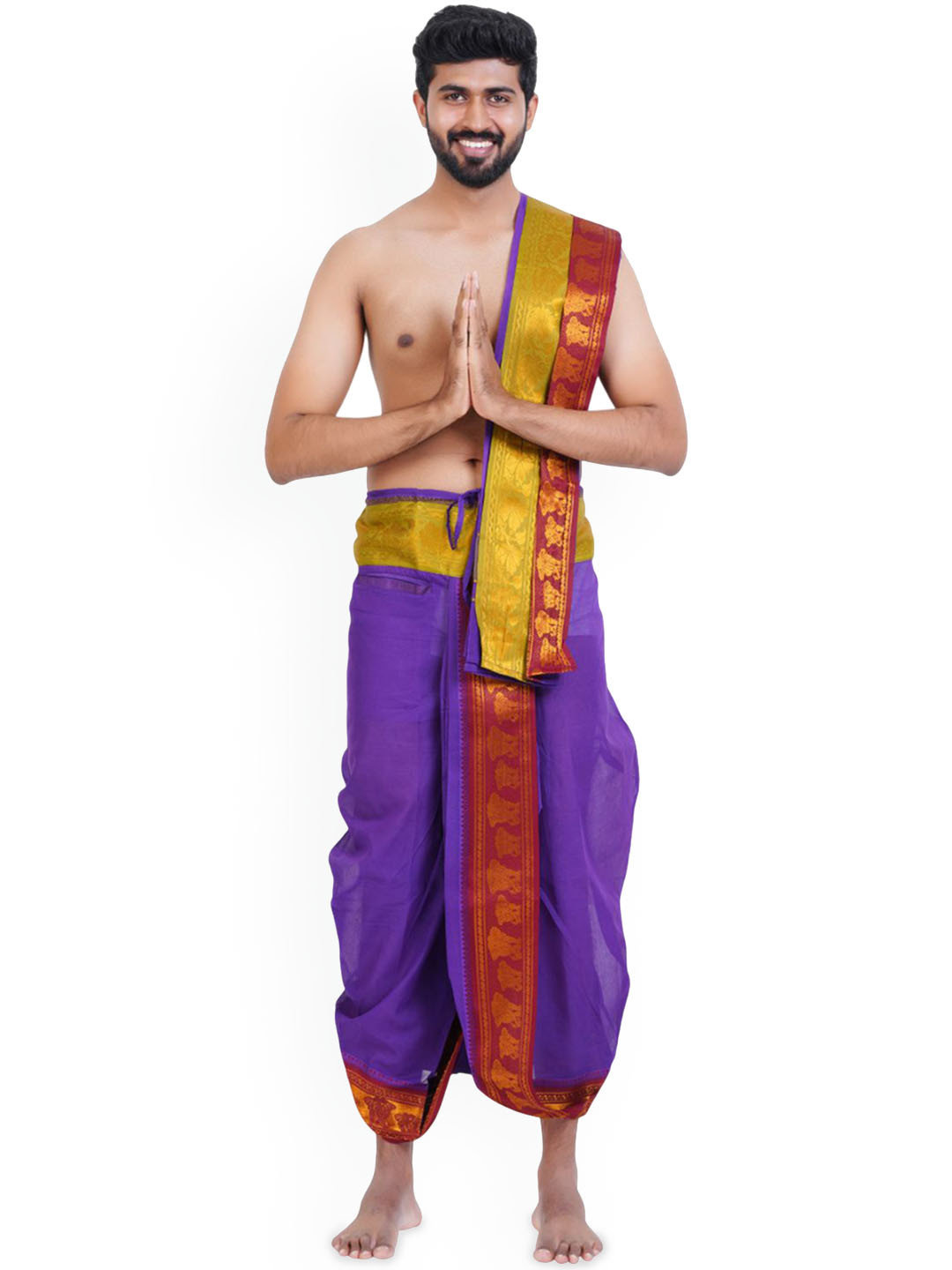 Ethazh Mens Cotton 9*5 Colour Vedha Jacquard Violet Panchakacham with Angavasthiram