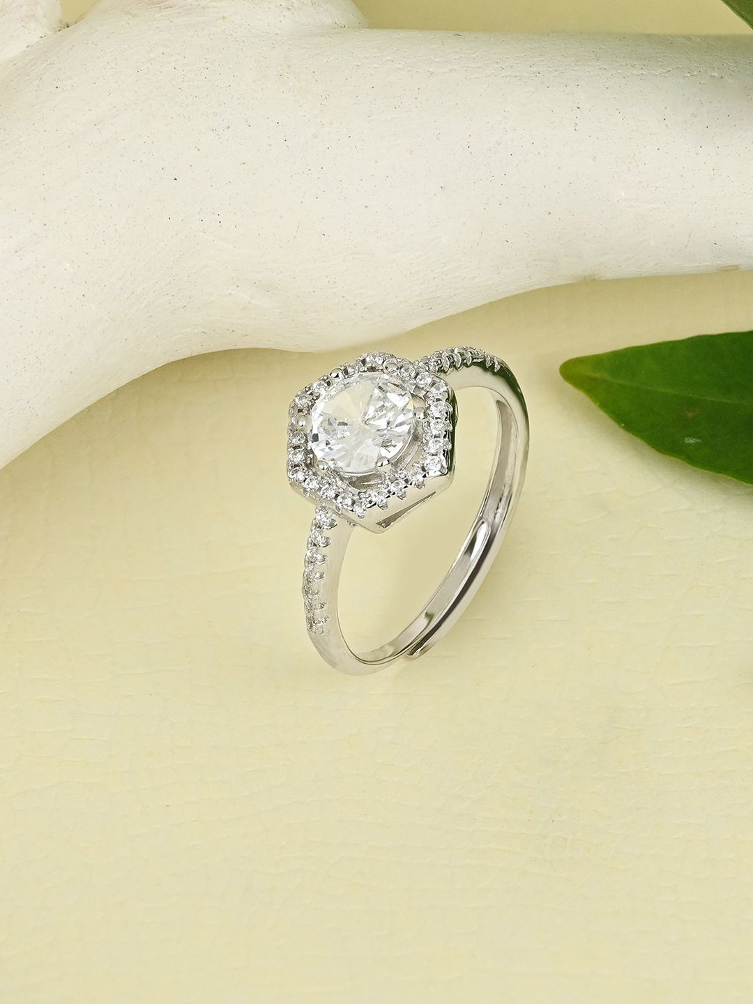 TOUCH925 Pure Silver Stone-Studded Hexo Adjustable Finger Ring