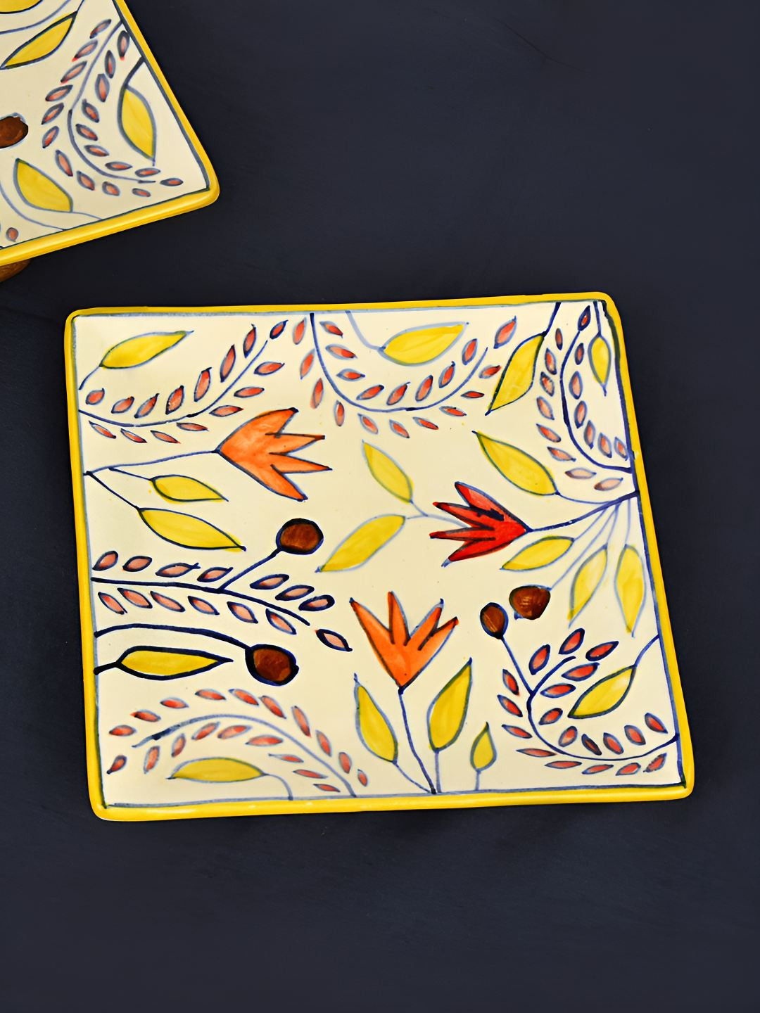 StyleMyWay 2 Pcs Multicolor Premium Hand PaintedTraditional Ceramic Square Platter