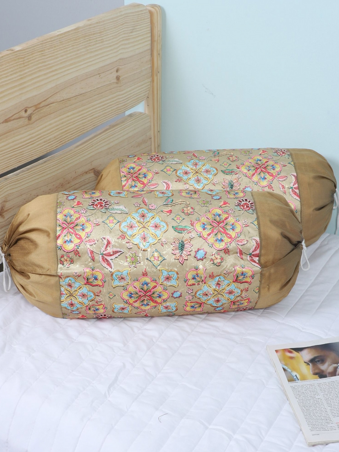 MFD HOME FURNISHING 2-Pcs Brown & Pink Printed Velvet Bolster Covers