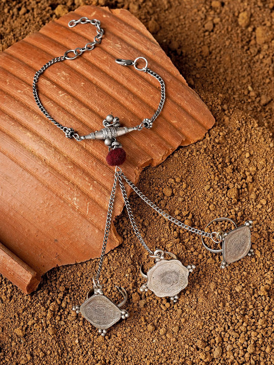 TEEJH Women Handcrafted Silver-Plated Ring Bracelet