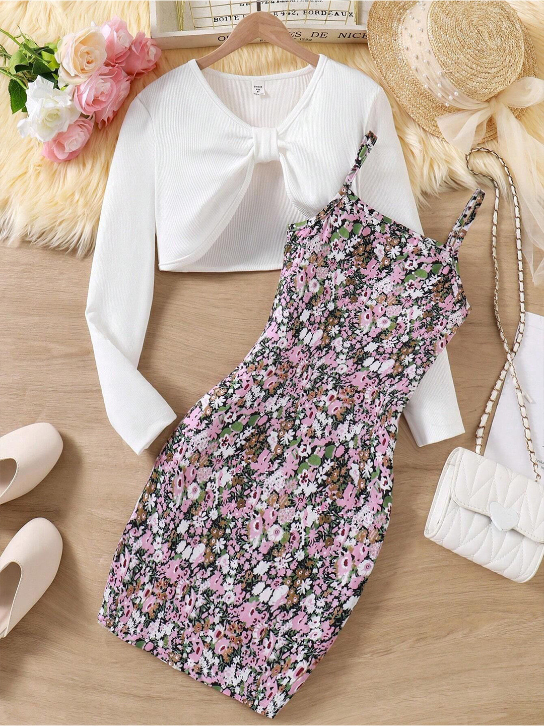 BAESD Floral Print Applique Crepe A-Line Dress