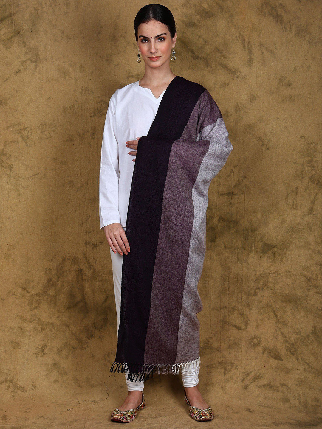 Exotic India Reversible Pure Wool Striped Pattern Stole with All Over Chevron Weave