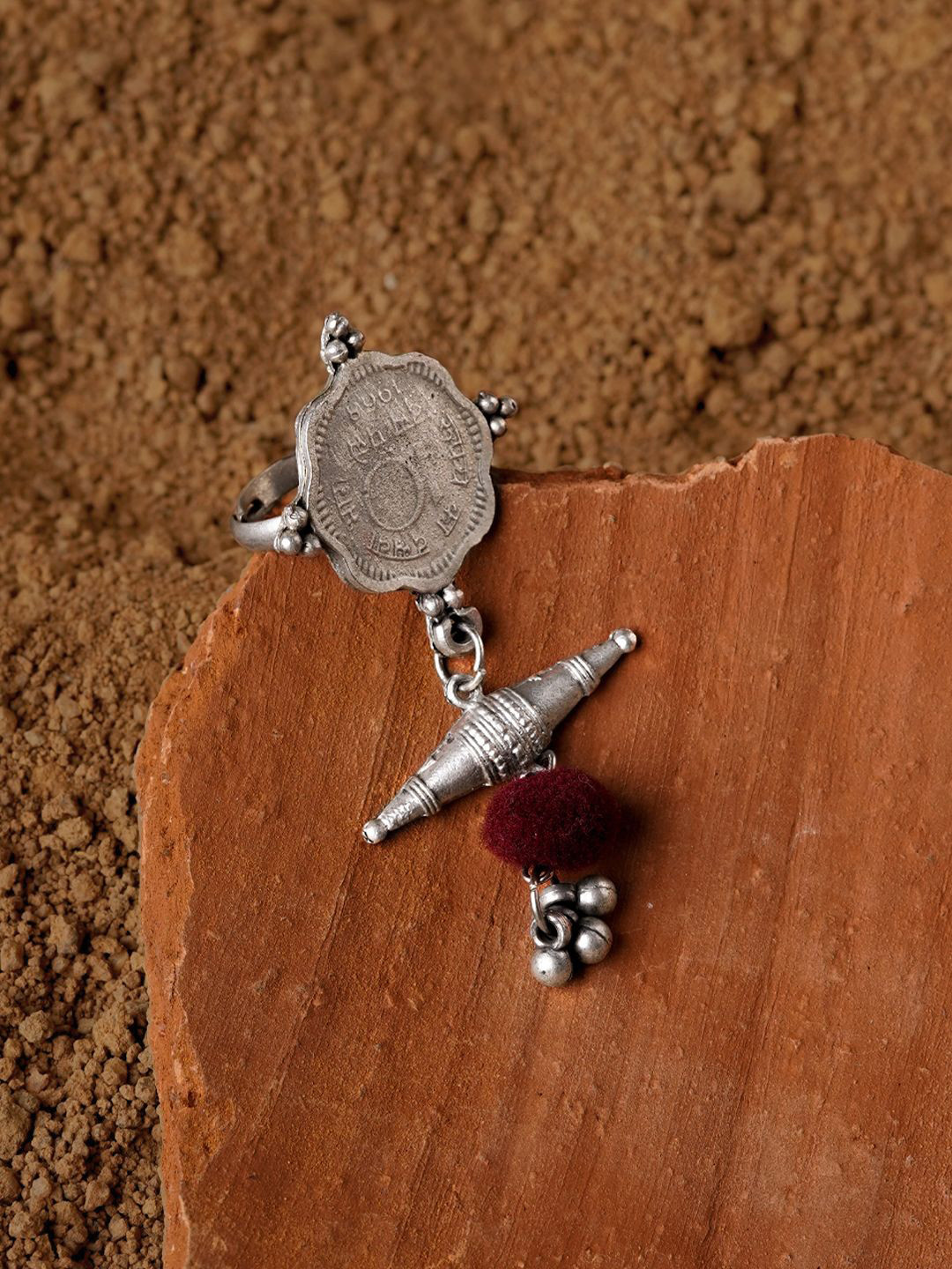 TEEJH Silver-Plated Naya Coin Finger Ring