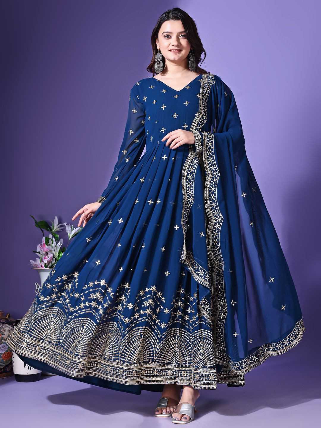 Ethnic Yard Embroidered Fit & Flared Gown