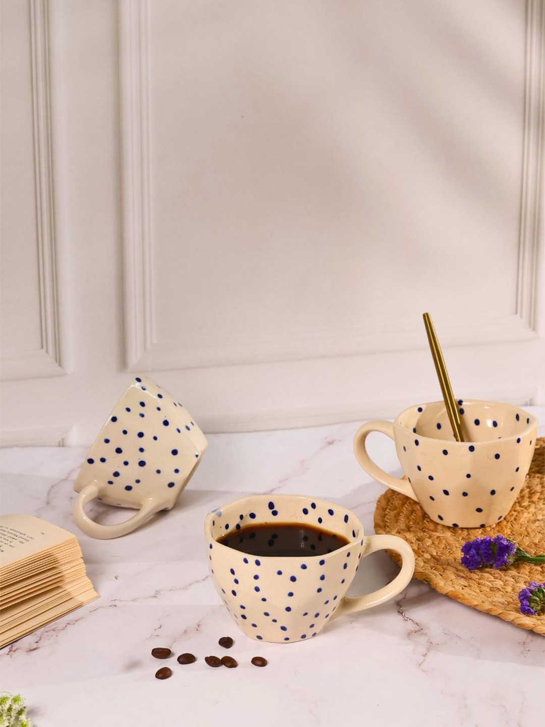 WEAVING HOMES White Polka Dots Ceramic Microwave Safe 3 Piece Mugs-200ml