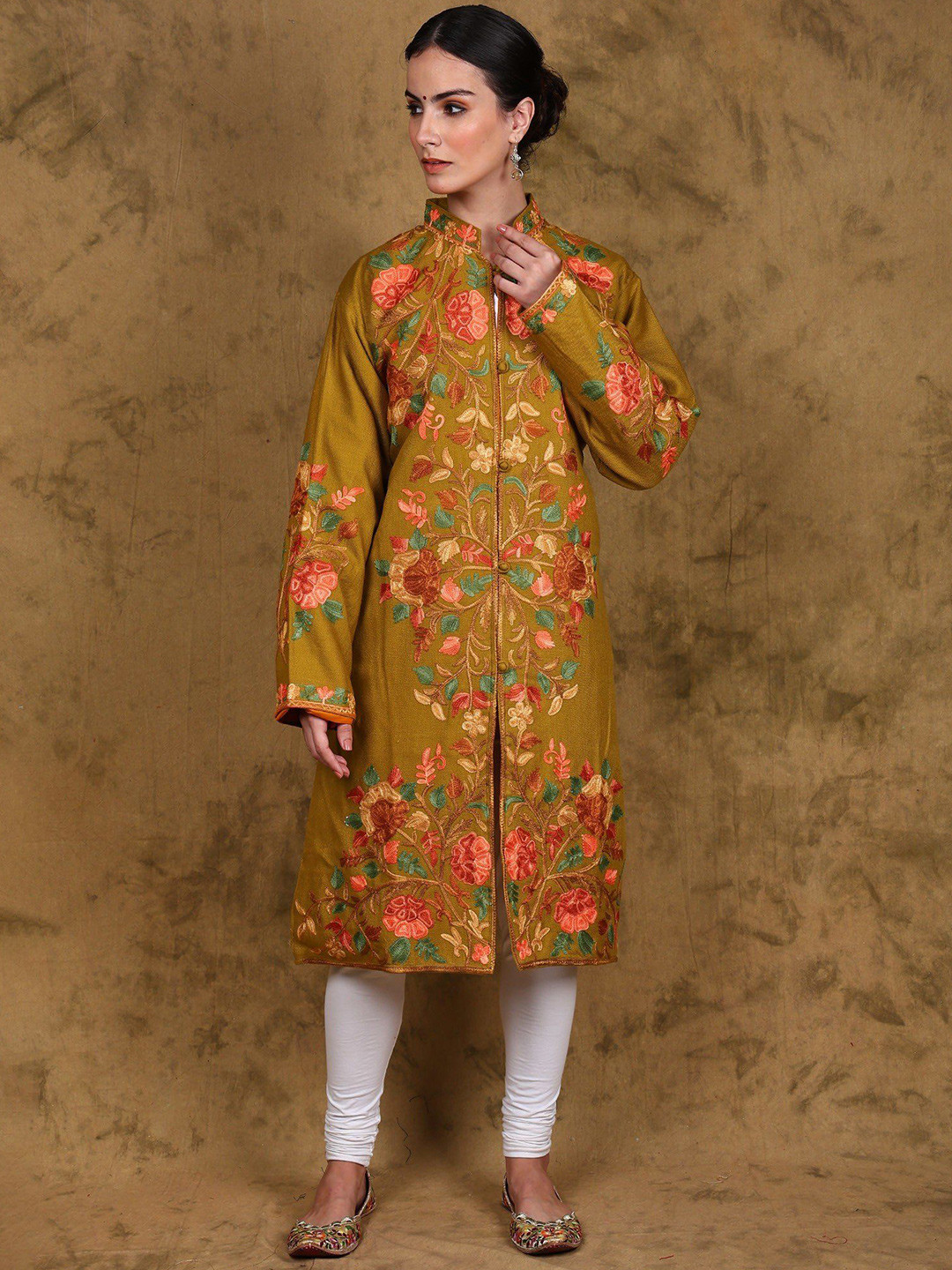 Exotic India Green-Sulphur Wool Long Jacket from Kashmir with Aari Embroidered Flowers