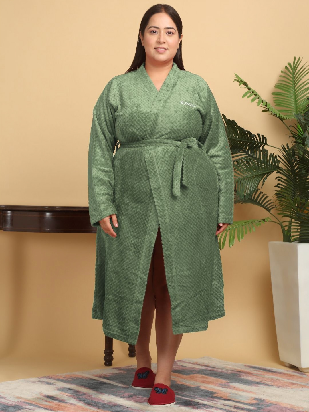 KLOTTHE Green Self Design Wool Drawstring Midi Bath Robe-2XL