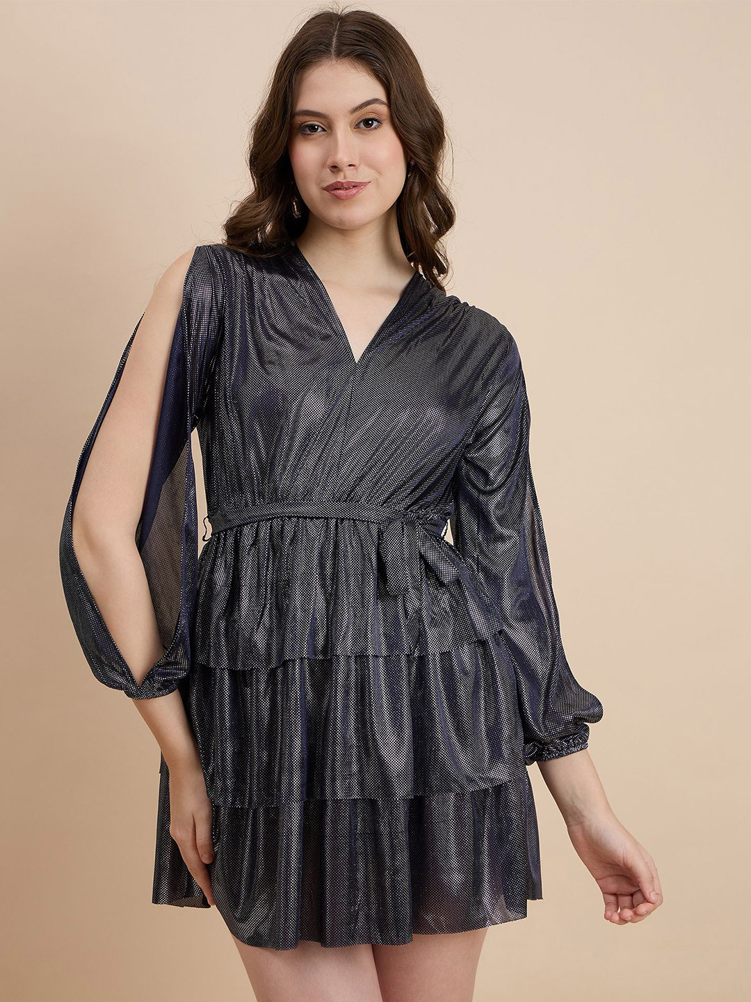 DRAPE AND DAZZLE Slit Sleeve A-Line Mini Dress