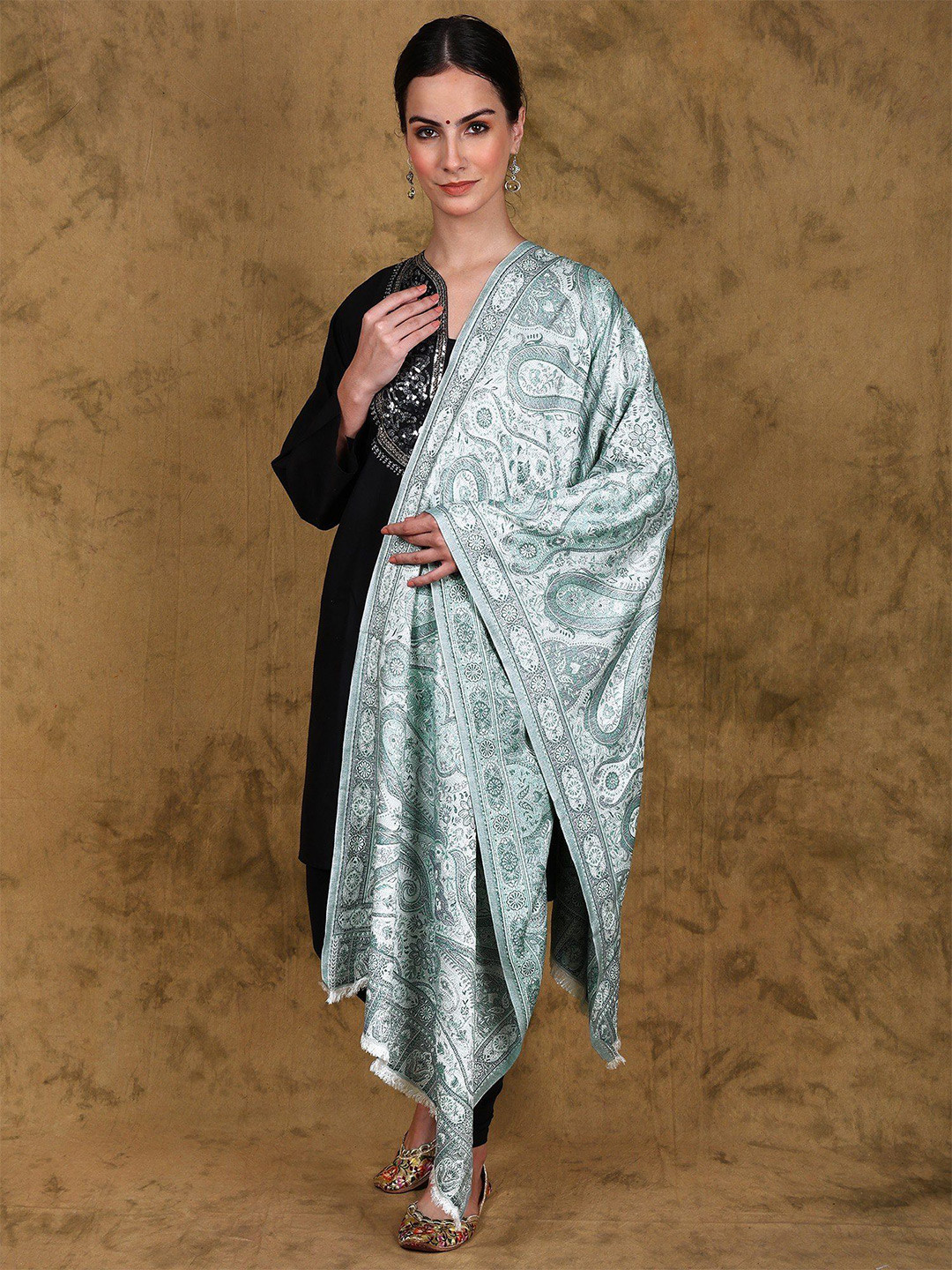 Exotic India Reversible Jamawar Stole  with Woven Flowers and Paisleys