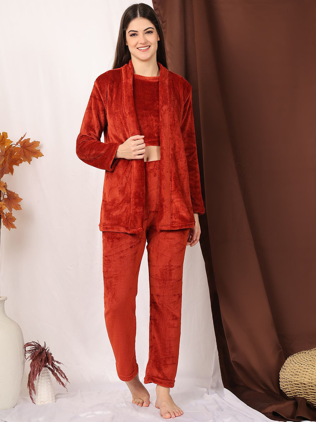 NEUDIS Women Crop Top & Shrug With Pyjamas Woolen Fur Night Suits