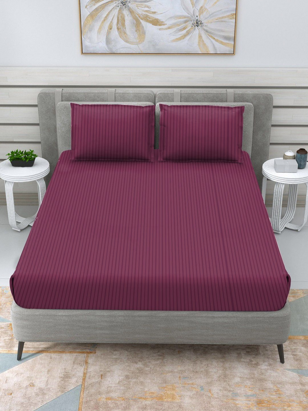RRC Maroon 144 TC Striped Printed Satin Queen Bedsheet Set-1.52 m x 1.98 m x 12 cm