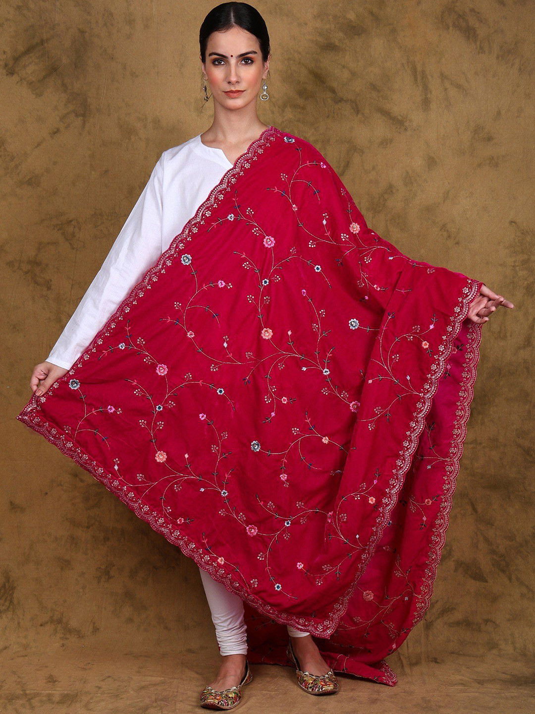 Exotic India Velvet Dupatta  with Zari Sequins Embroidery and Scalloped Border