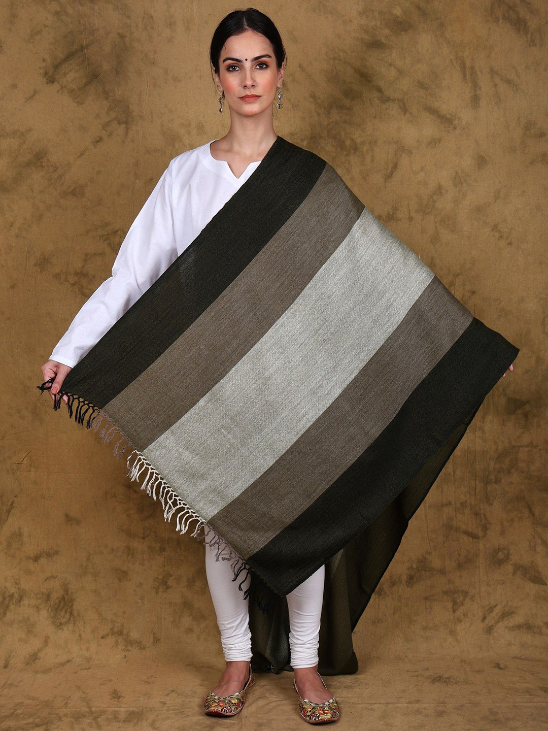 Exotic India Reversible Pure Wool Striped Pattern Stole with All Over Chevron Weave