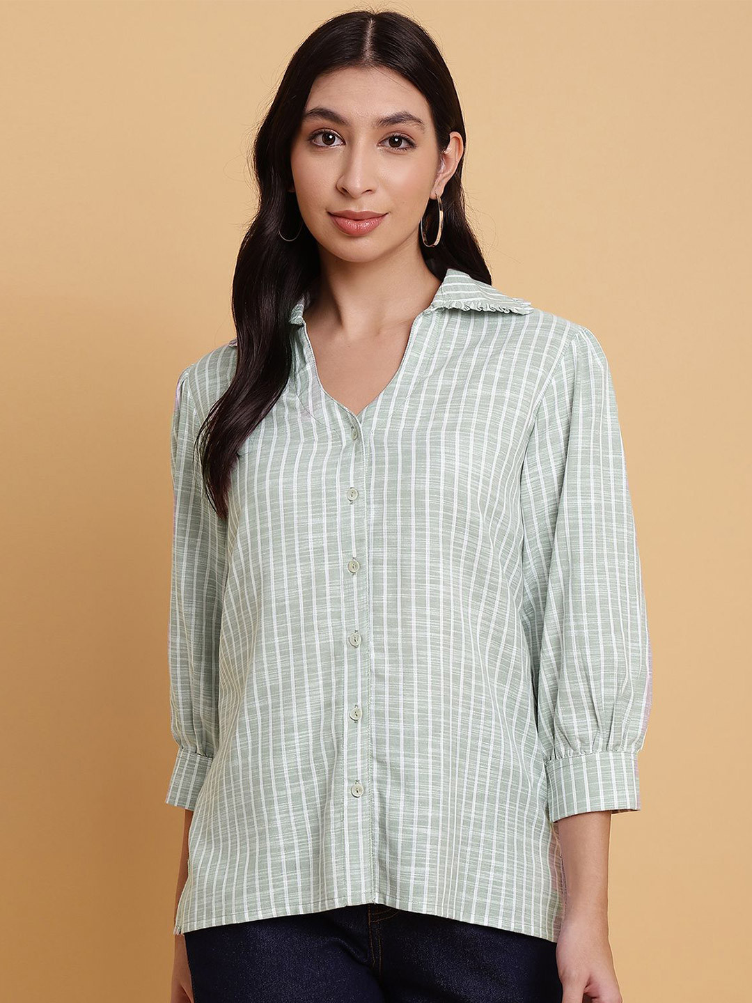 Sands of India Vertical Striped Spread Collar Cotton Oversize Casual Shirt